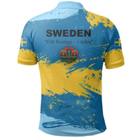 Sweden polo shirt back print with large 'SWEDEN' text, crest and brush flag design