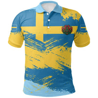 Sweden flag brush-stroke polo shirt, blue and yellow with crest on chest