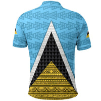 Cerulean blue Saint Lucia flag triangle polo shirt, back view with large triangle graphic