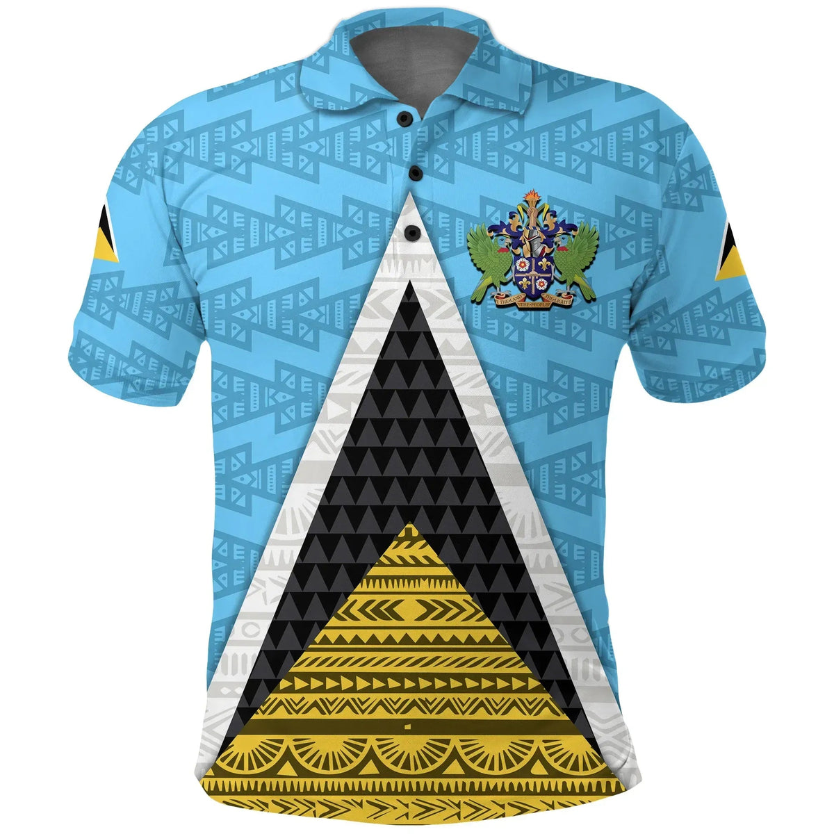 Cerulean blue Saint Lucia flag triangle polo shirt, short sleeves, button placket