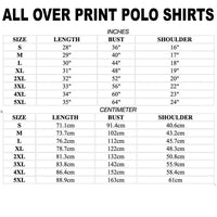 All-over print polo shirts size chart with inches and centimeters measurements