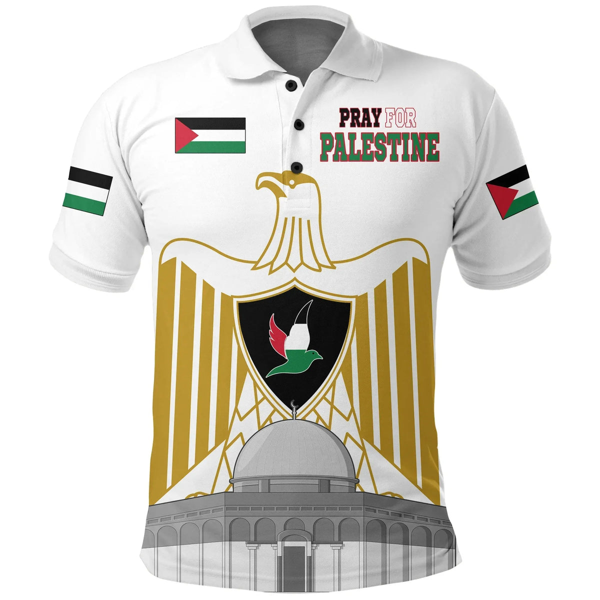 White polo shirt with front graphic: Pray for Palestine and Palestinian flag design