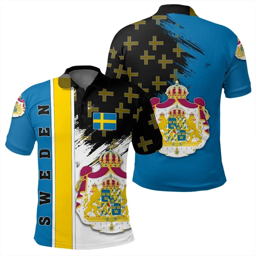 Sweden polo shirt with blue body, yellow stripe, and coat-of-arms crest graphic
