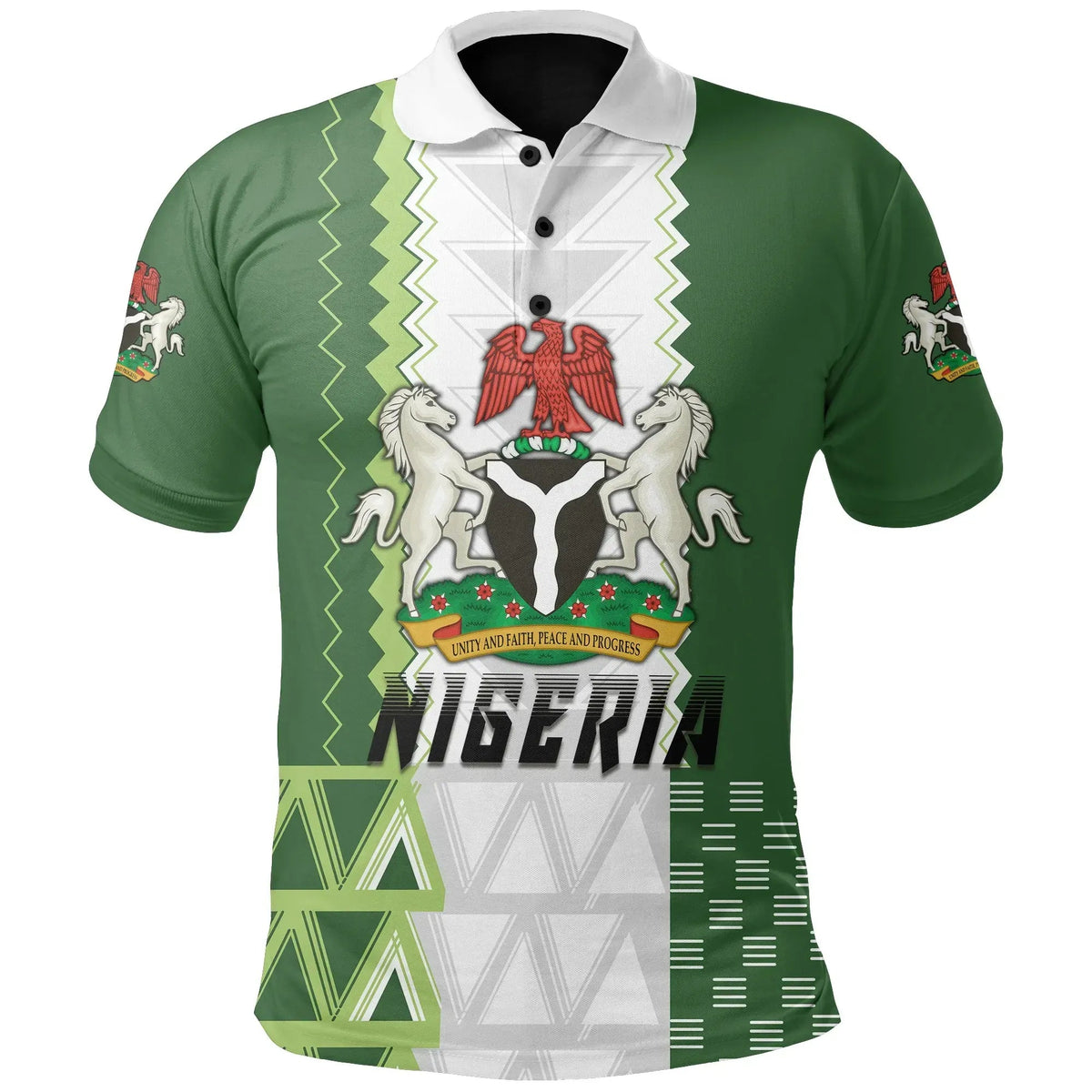 Green polo shirt with white zigzag panel and Nigeria crest, short sleeves