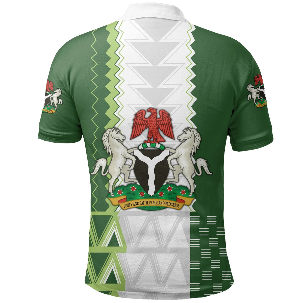 Back view: green polo shirt with white zigzag panel and large Nigeria crest graphic