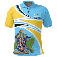 Saint Lucia polo shirt with light blue collar, yellow/blue graphic stripes and crest