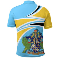 Saint Lucia polo shirt back view with yellow/blue stripes and large crest graphic