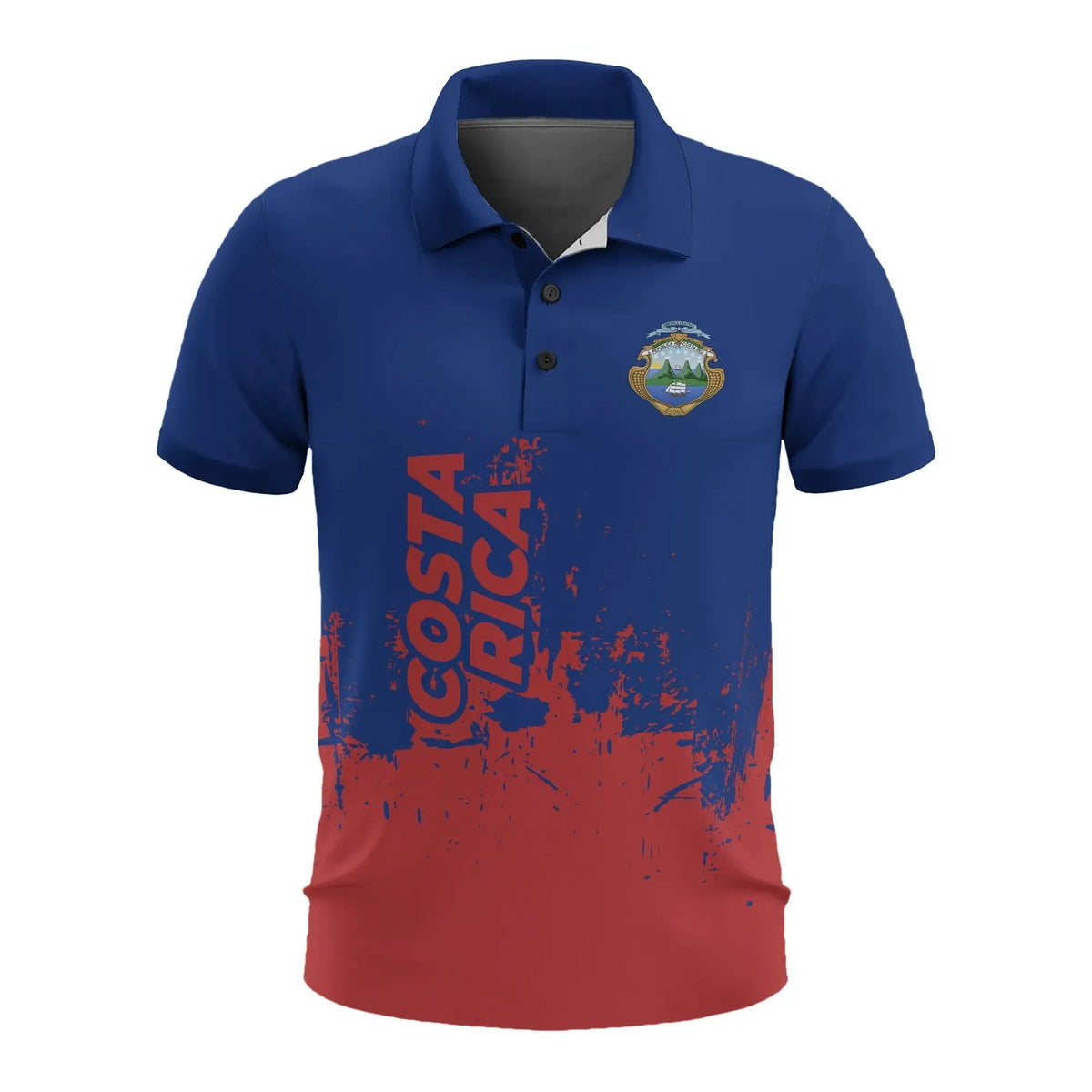 Men's all-over print polo shirt, blue with red Costa Rica graphic and crest