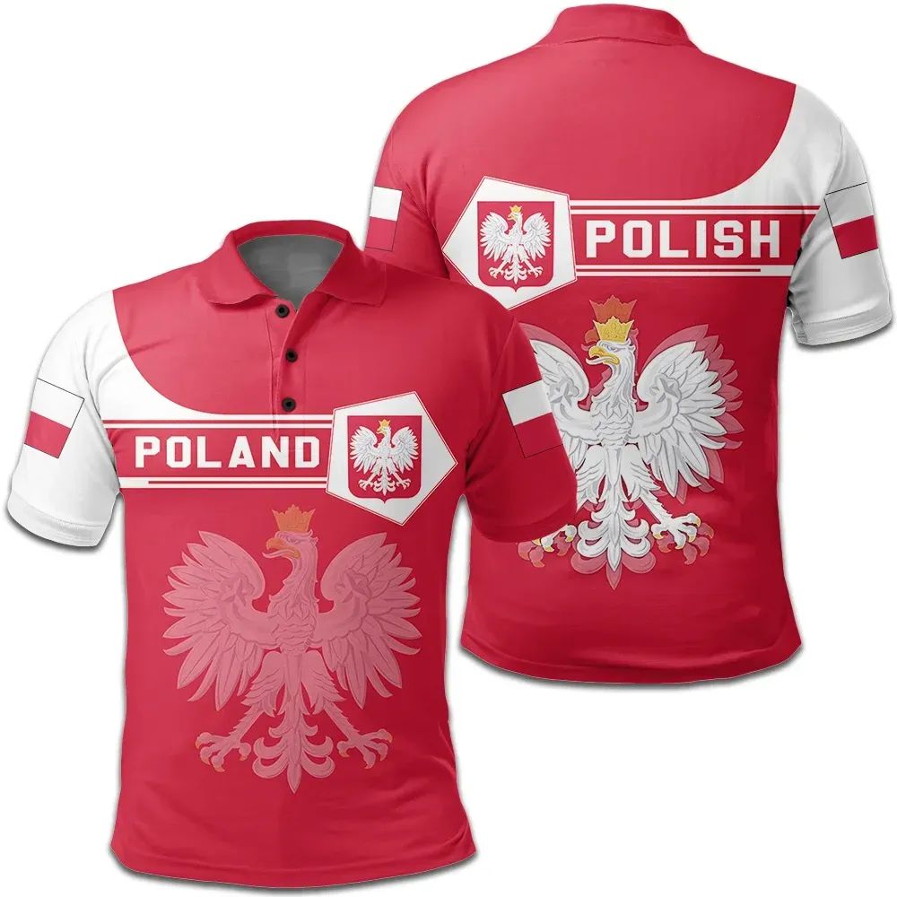 Red Poland polo shirt with crest and eagle graphic, contrast white sleeves and collar.