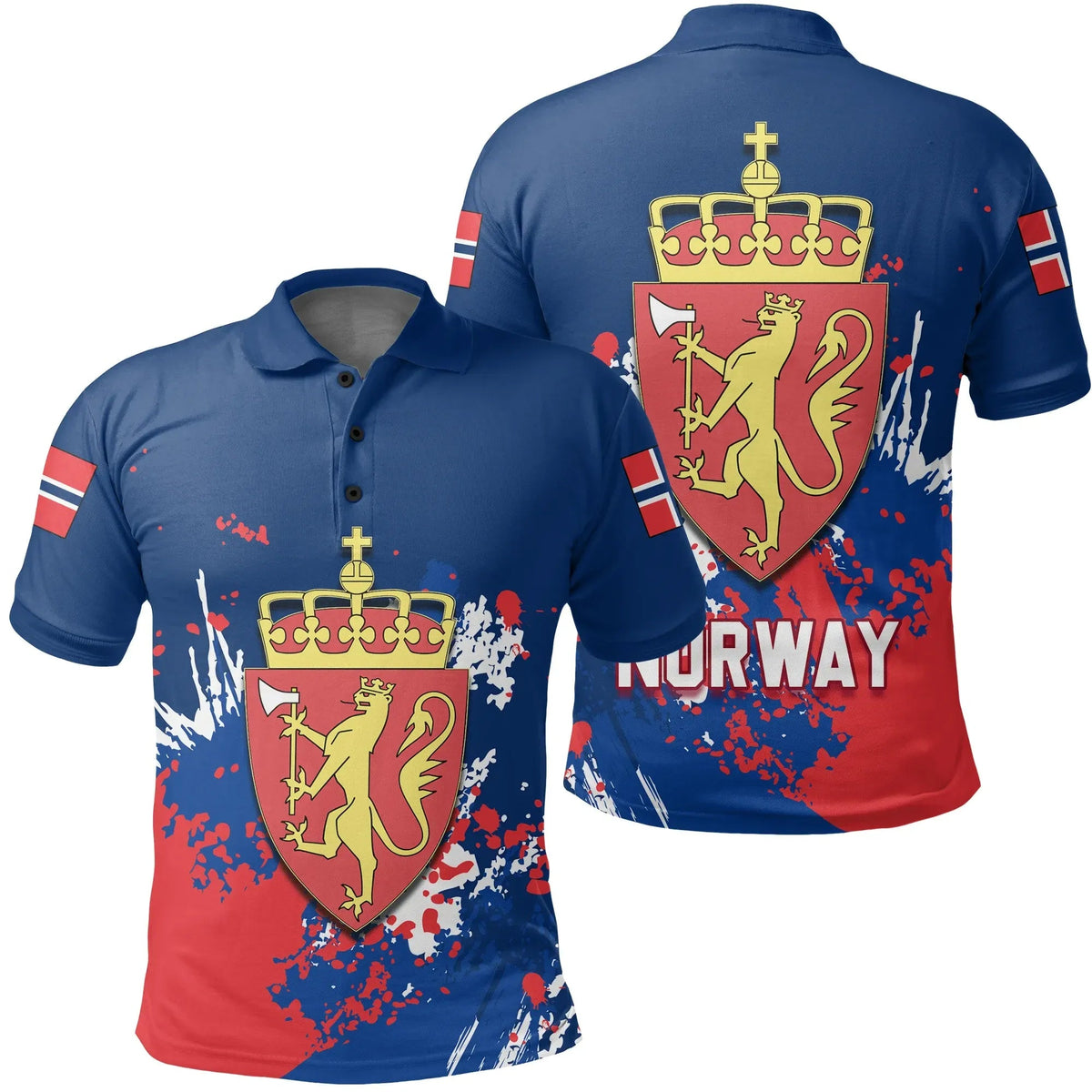 Blue polo shirt with Norway crest, paint-splatter graphics, red-white sleeve stripes