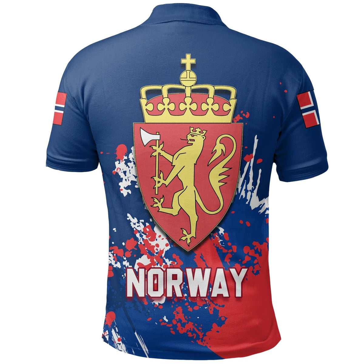 Back view blue polo shirt with Norway crest crown, shield graphic, and 'NORWAY' text