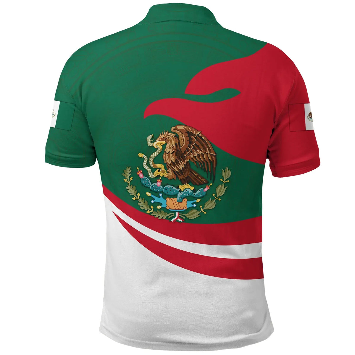 Mexico polo shirt back view, green/red/white panels with detailed crest and emblem