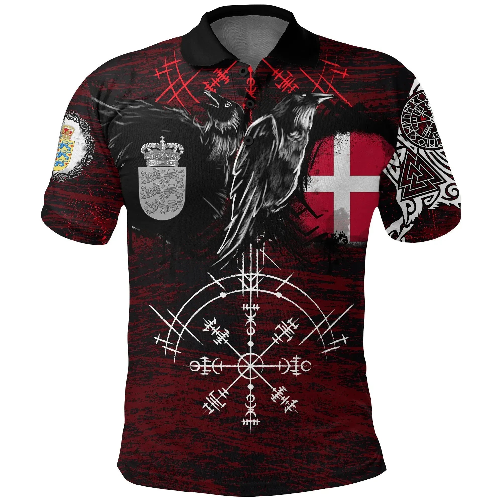 Viking Polo Shirt Denmark Raven of Odin and Symbol Viking on Blood Background RLT13 - Wonder Print Shop