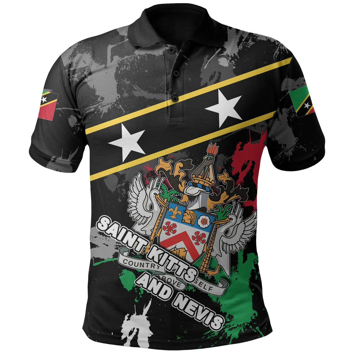 Black polo shirt with yellow diagonal stripe, star accents and Saint Kitts & Nevis crest