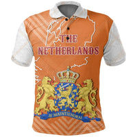 Orange polo shirt with gray collar, Netherlands text and crest graphic on front