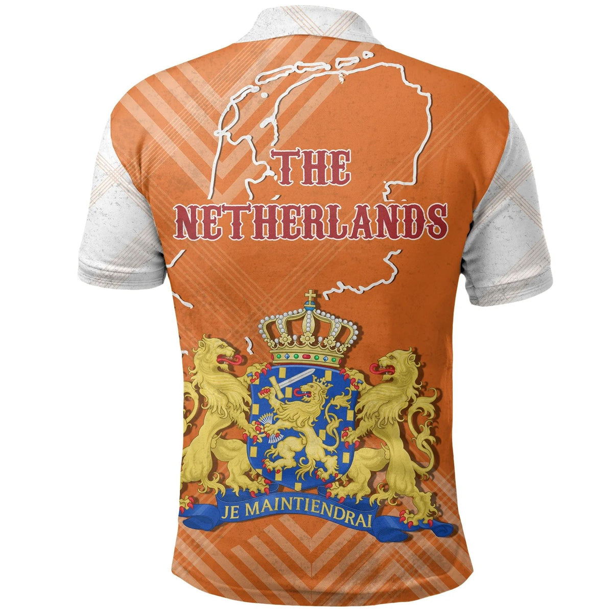 Orange back view polo with gray collar, Netherlands map outline and crest graphic