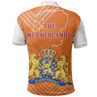 Orange back view polo with gray collar, Netherlands map outline and crest graphic