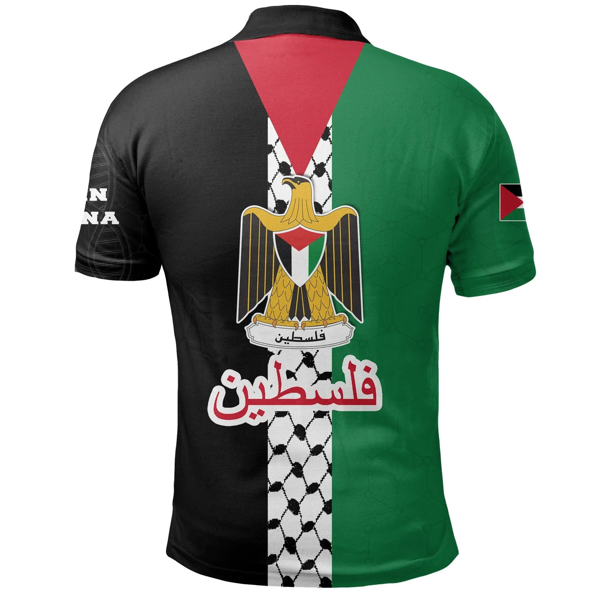 Black and green polo shirt back with crest emblem over checker pattern