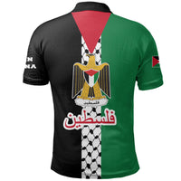 Black and green polo shirt back with crest emblem over checker pattern