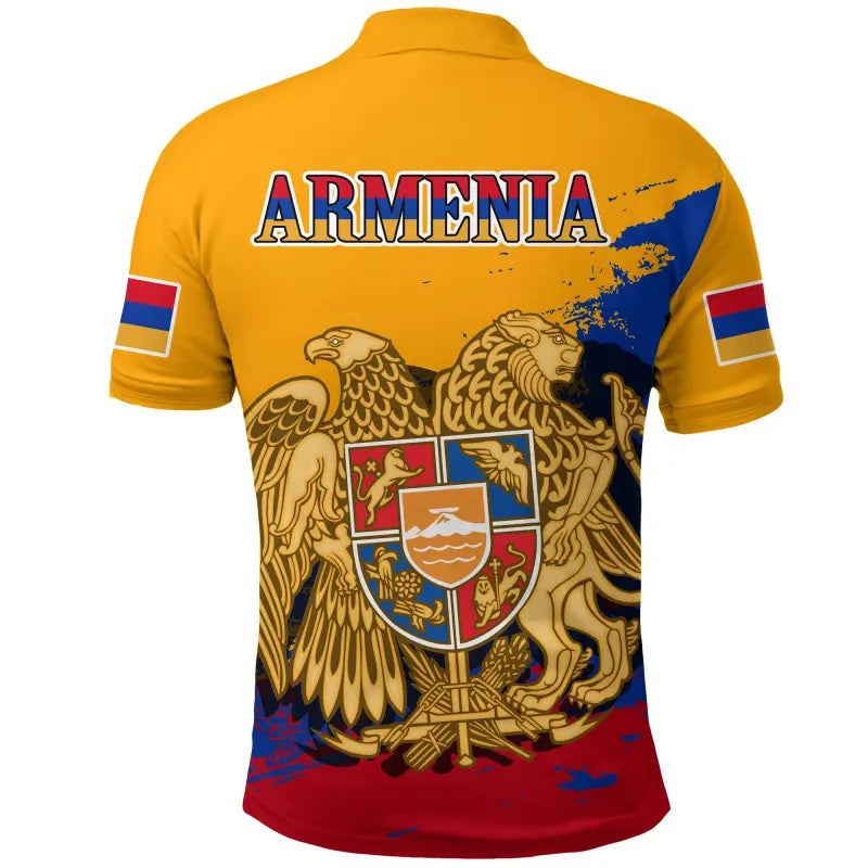 Back of Armenia yellow polo shirt with large crest, eagle and ARMENIA lettering