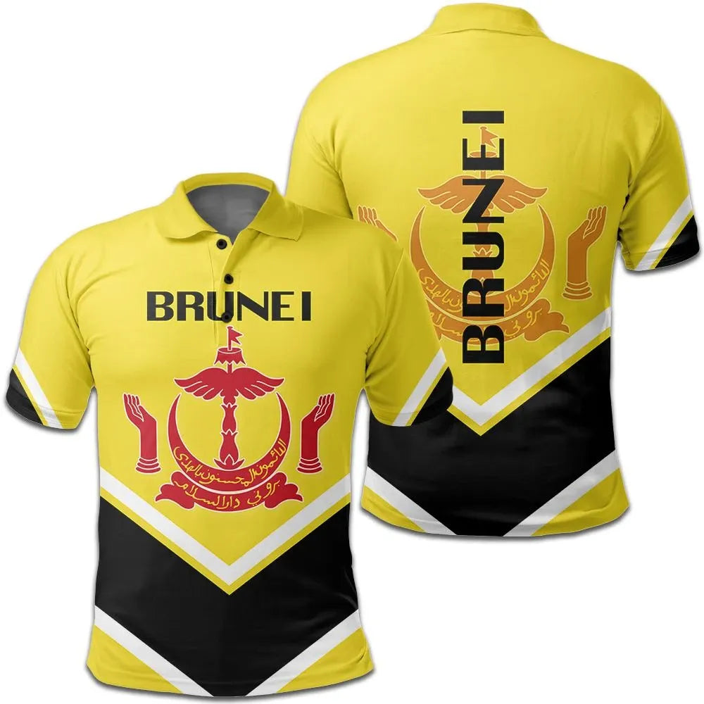 Yellow and black Brunei crest polo shirt with white chevron stripes and collar