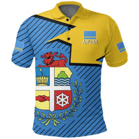 Yellow Aruba polo shirt with navy striped print, chest crest and sleeve badge