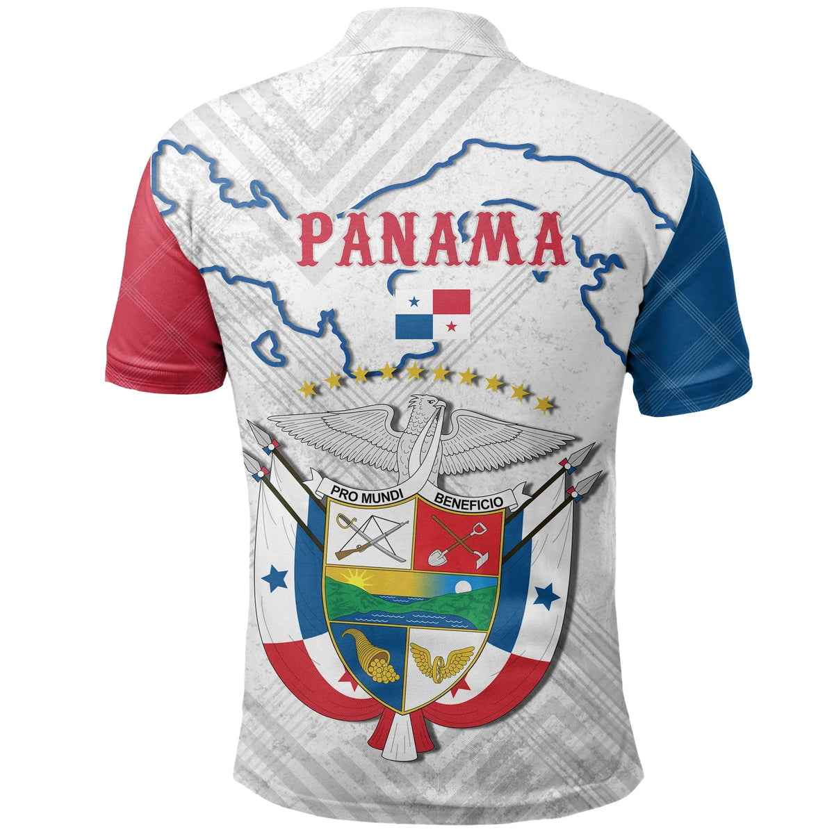 White Panama polo shirt, back crest map graphic with red and blue sleeves