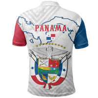 White Panama polo shirt, back crest map graphic with red and blue sleeves
