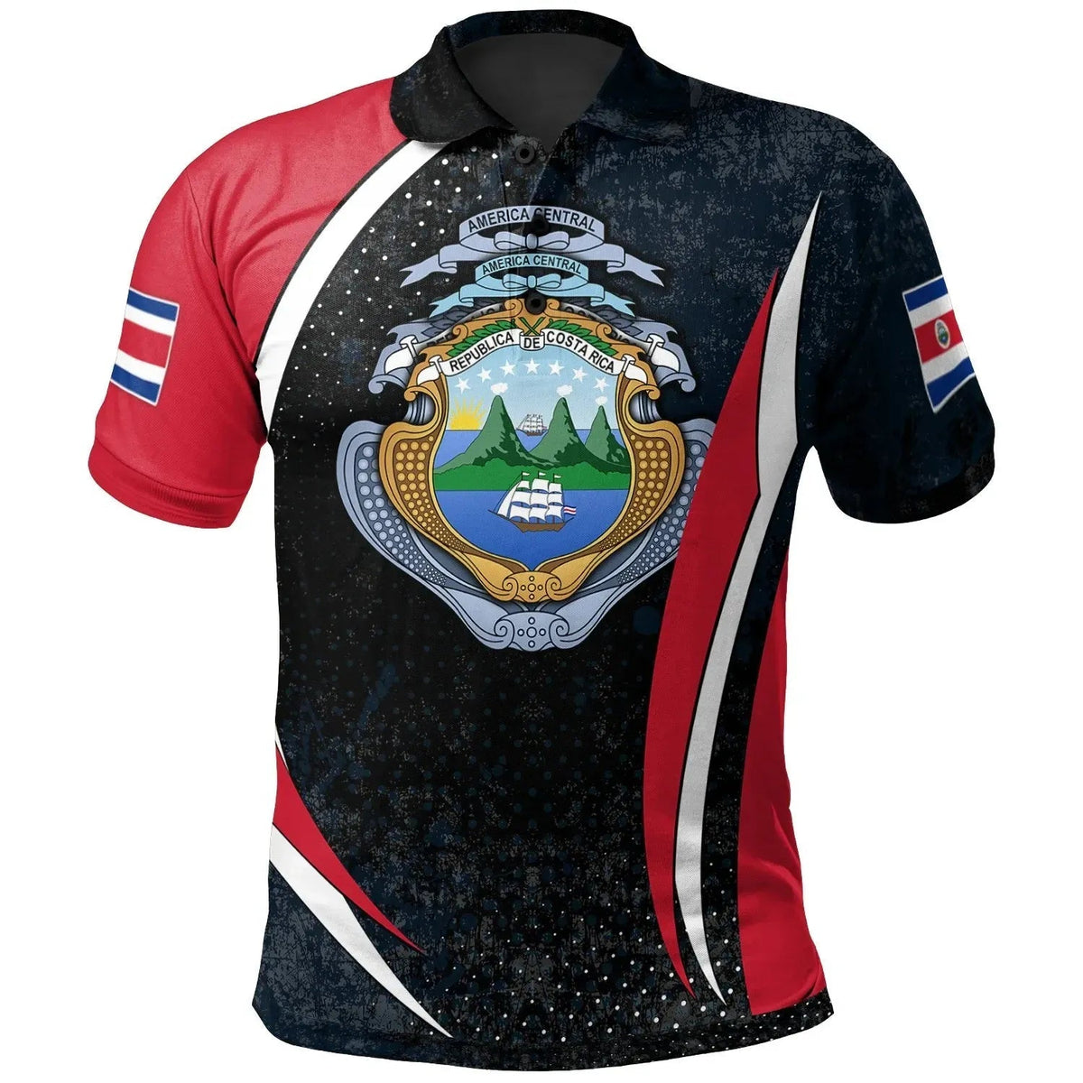 Costa Rica spirit polo with crest graphic, red and dark navy panels, short sleeves