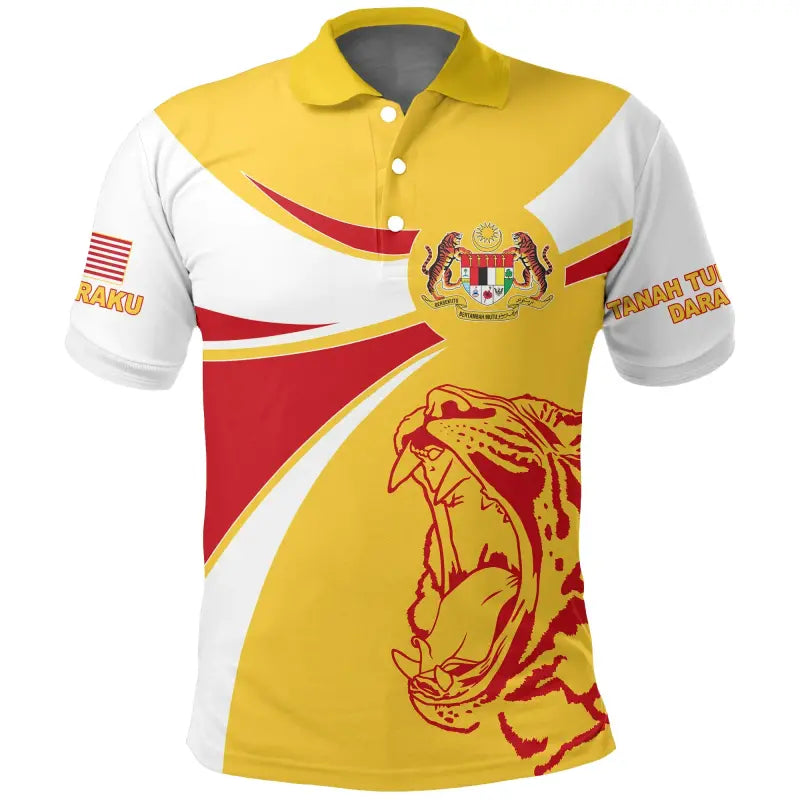 Multicolor polo shirt with yellow collar; lion crest and lion graphic front