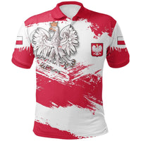 Red/white polo shirt with Polish eagle crest, Polska badge, and flag stripe sleeves