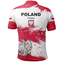 Back view red/white polo shirt with POLAND Polska text, eagle art, and flag sleeve stripes