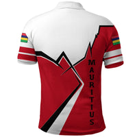 Back of Mauritius polo: red center with white lightning stripes, MAURITIUS text strip