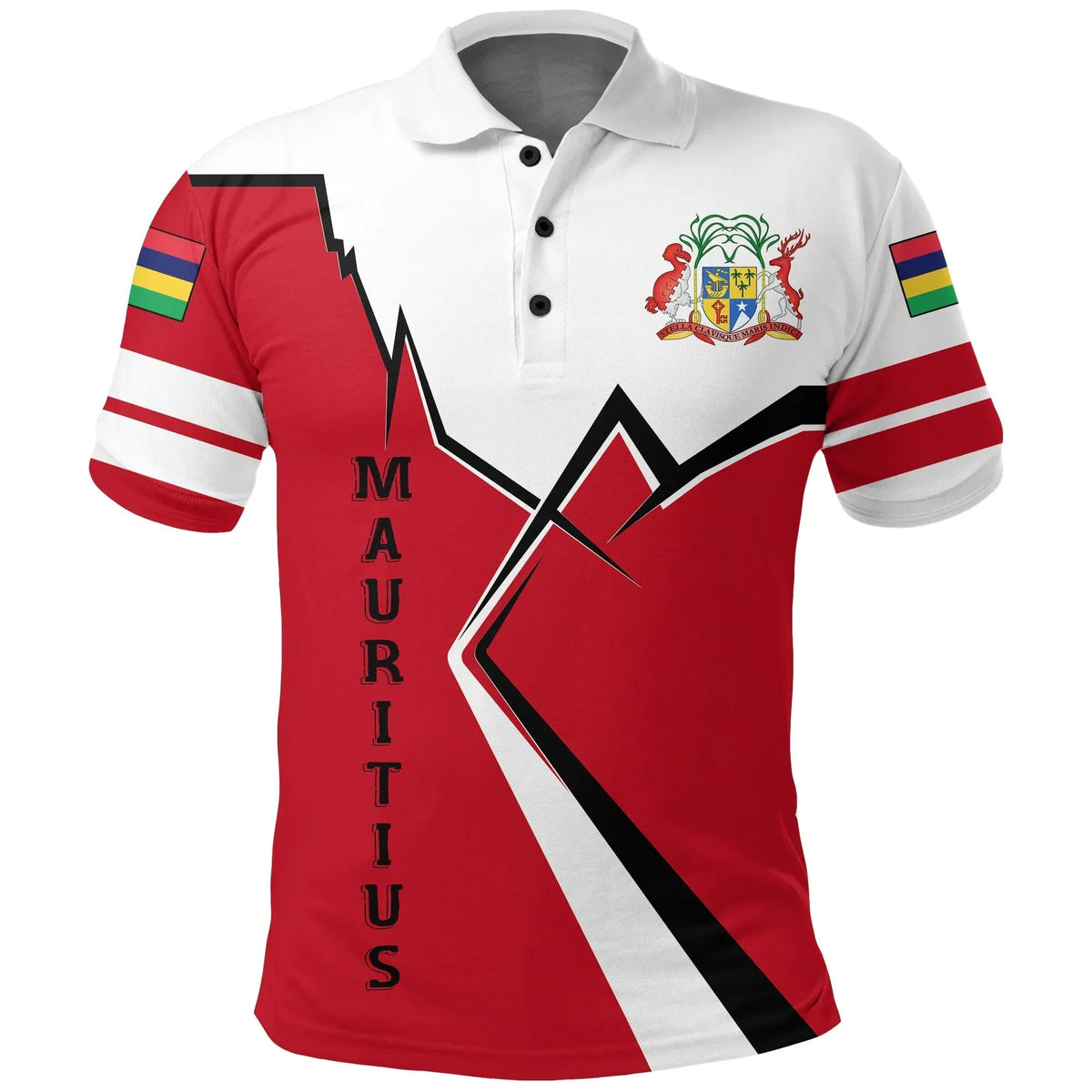 Mauritius polo shirt: red/white lightning graphic, crest, striped sleeve bands