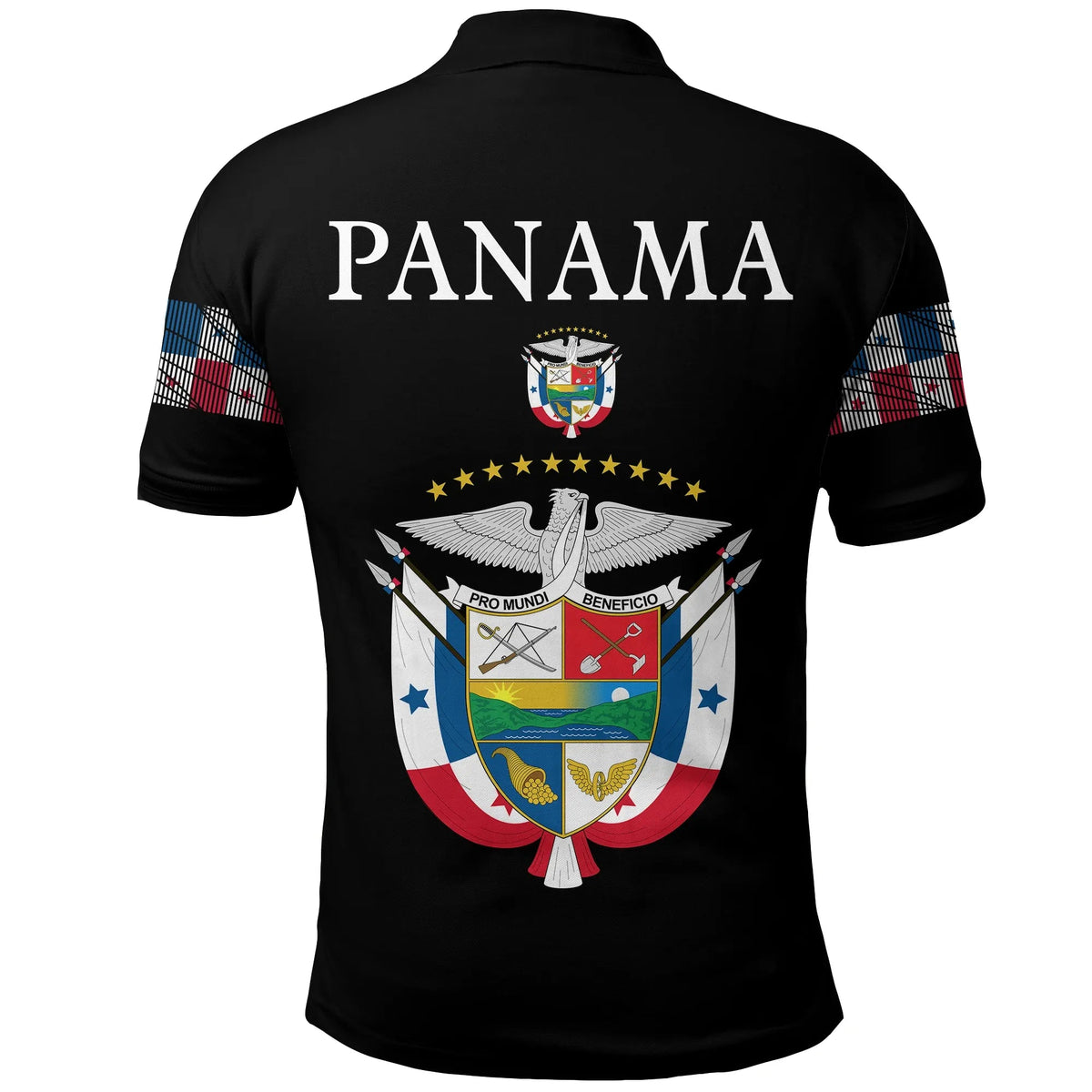Black polo back with large PANAMA lettering and Panama crest with wings