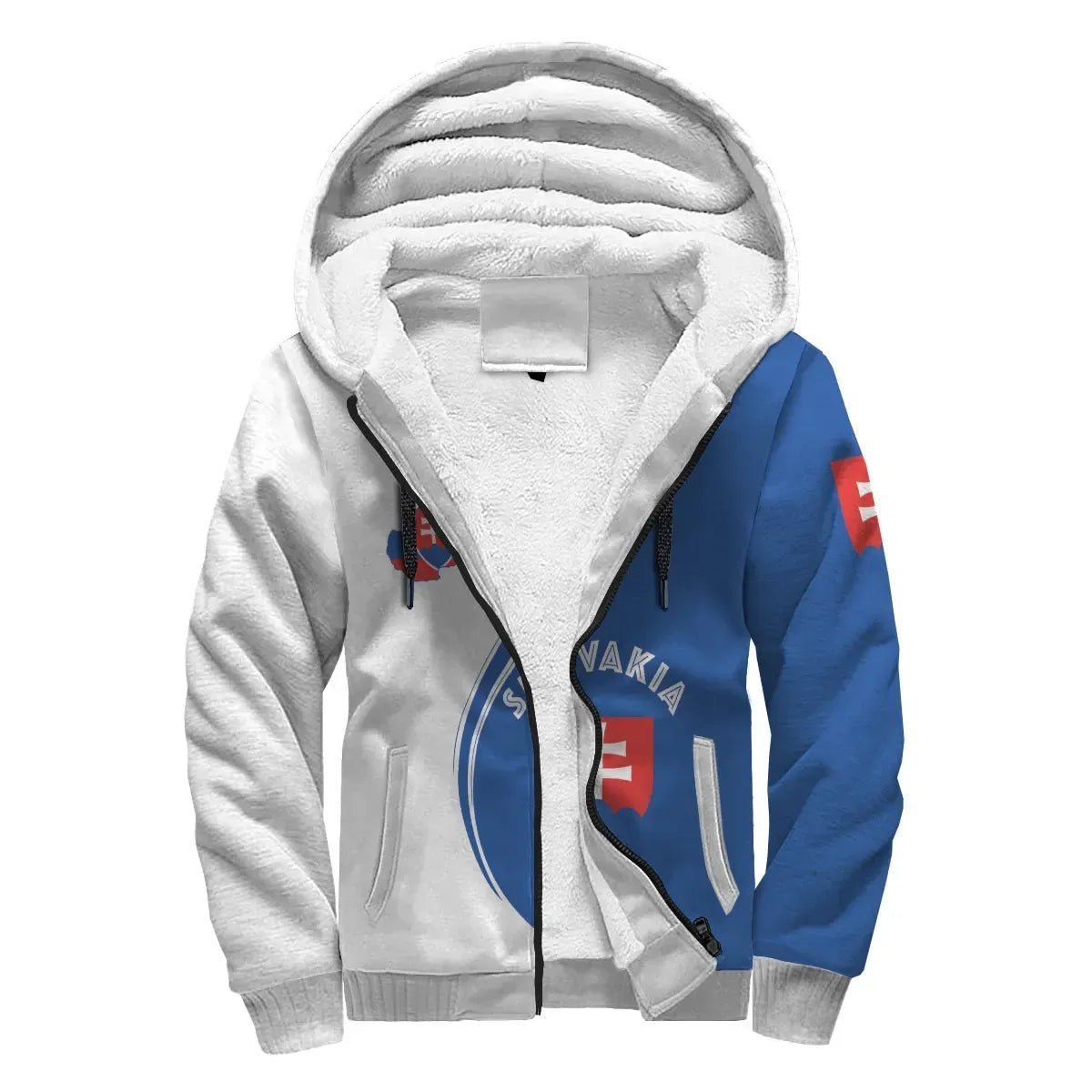 Unisex sherpa hoodie, hood and front graphic, white body with blue side panel