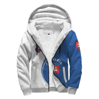Unisex sherpa hoodie, hood and front graphic, white body with blue side panel