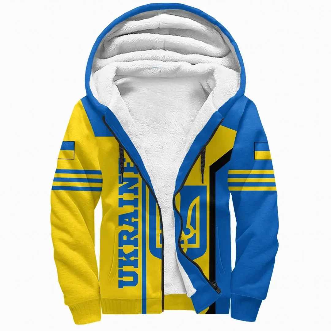 Colorful sherpa hoodie with blue/yellow graphic, white lined hood, zip front