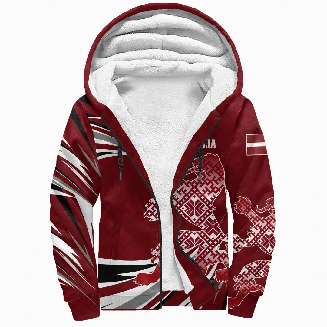 Dark red sherpa hoodie with Latvian lion and flag-style geometric print, full zip