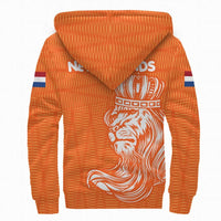 Orange sherpa hoodie back with large white crown and lion/animal graphic, Dutch flag stripes