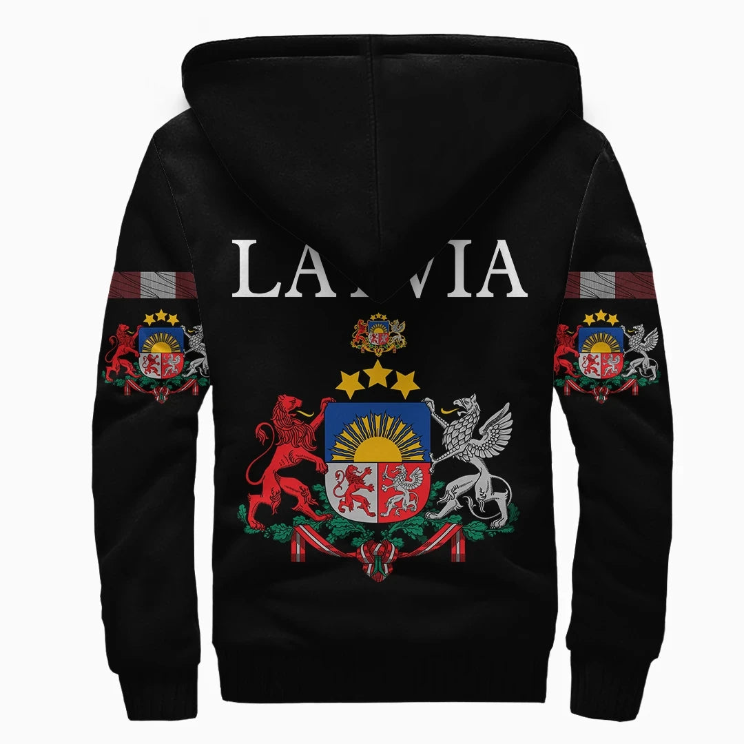 Black unisex hoodie back, large multicolor crest with LA VIA lettering