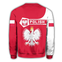 Back view red Polish sweatshirt with eagle crest and 'POLISH' stripe, white sleeve panels