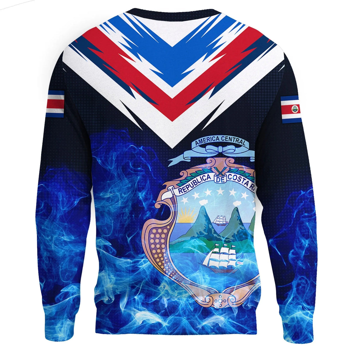 Unisex crewneck sweatshirt with Costa Rica sailboat crest and blue smoke flame print