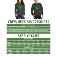 Crewneck sweatshirt size chart with black shirts and green circular logo; unisex