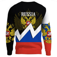 Russia flag sweatshirt with RUSSIA text, eagle crest center, chevron black front