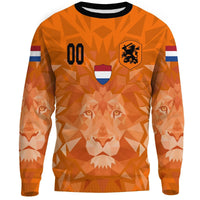 Orange lion sweatshirt with Netherlands flag sleeves, number 00 front