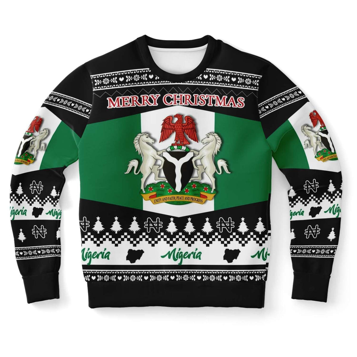 Unisex Nigeria Christmas sweatshirt, front view with “Merry Christmas” text and character artwork