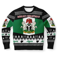 Unisex Nigeria Christmas sweatshirt, front view with “Merry Christmas” text and character artwork