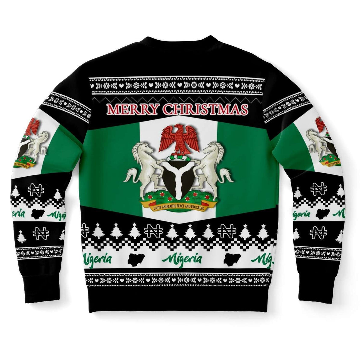 Unisex Nigeria Christmas sweatshirt, close-up back view with holiday pattern and “Nigeria”