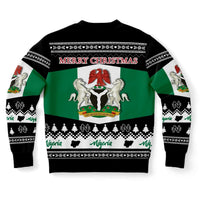 Unisex Nigeria Christmas sweatshirt, close-up back view with holiday pattern and “Nigeria”